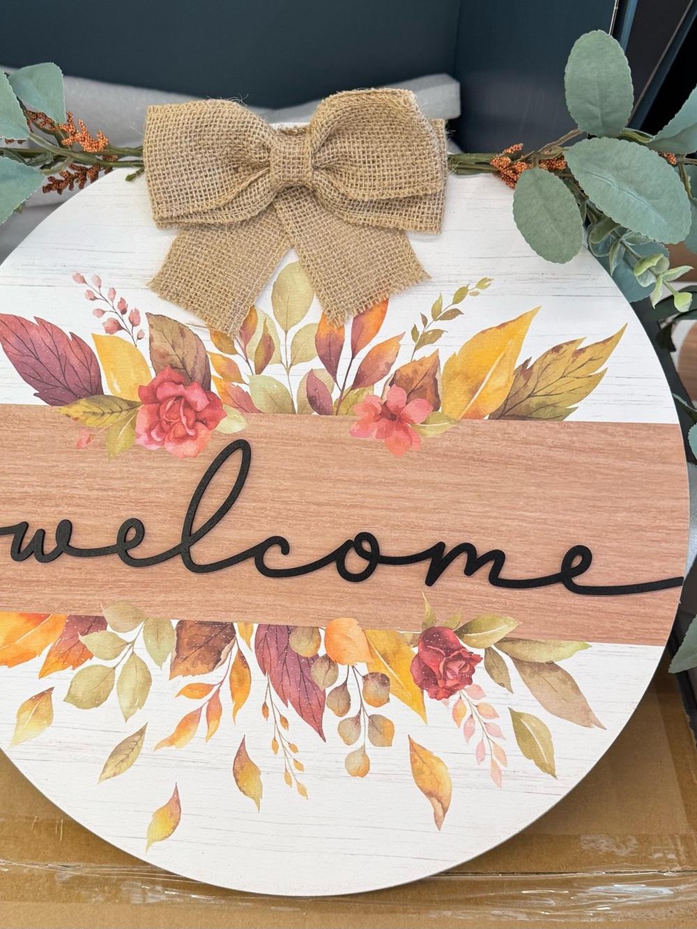 Welcome Round Wall Sign with Burlap Bow - Neutral Fall Colors 15 “